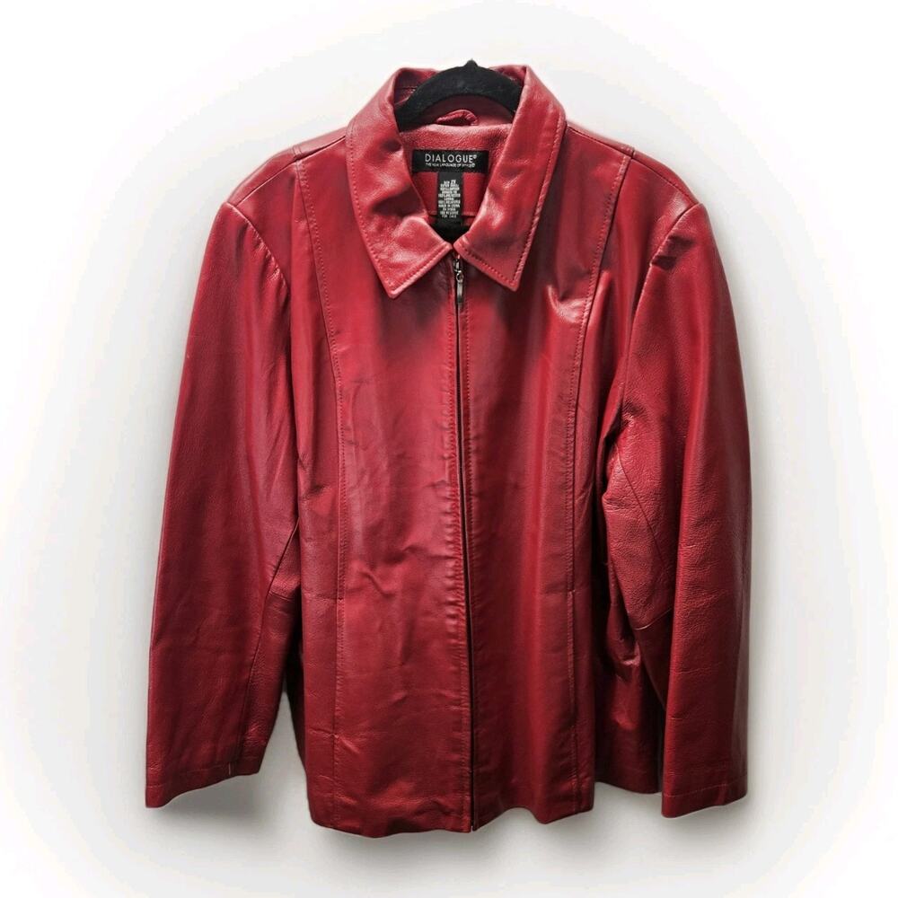 Vtg Dialogue Red Leather Coat Moto Jacket Plus Size 2X Womans Pockets Glam Biker